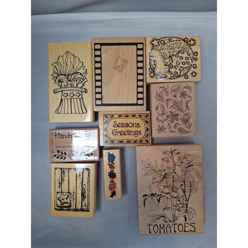 VINTAGE COLLECTION 8 Wood Block Rubber Stamps Seasons Greetings Floral Harvest